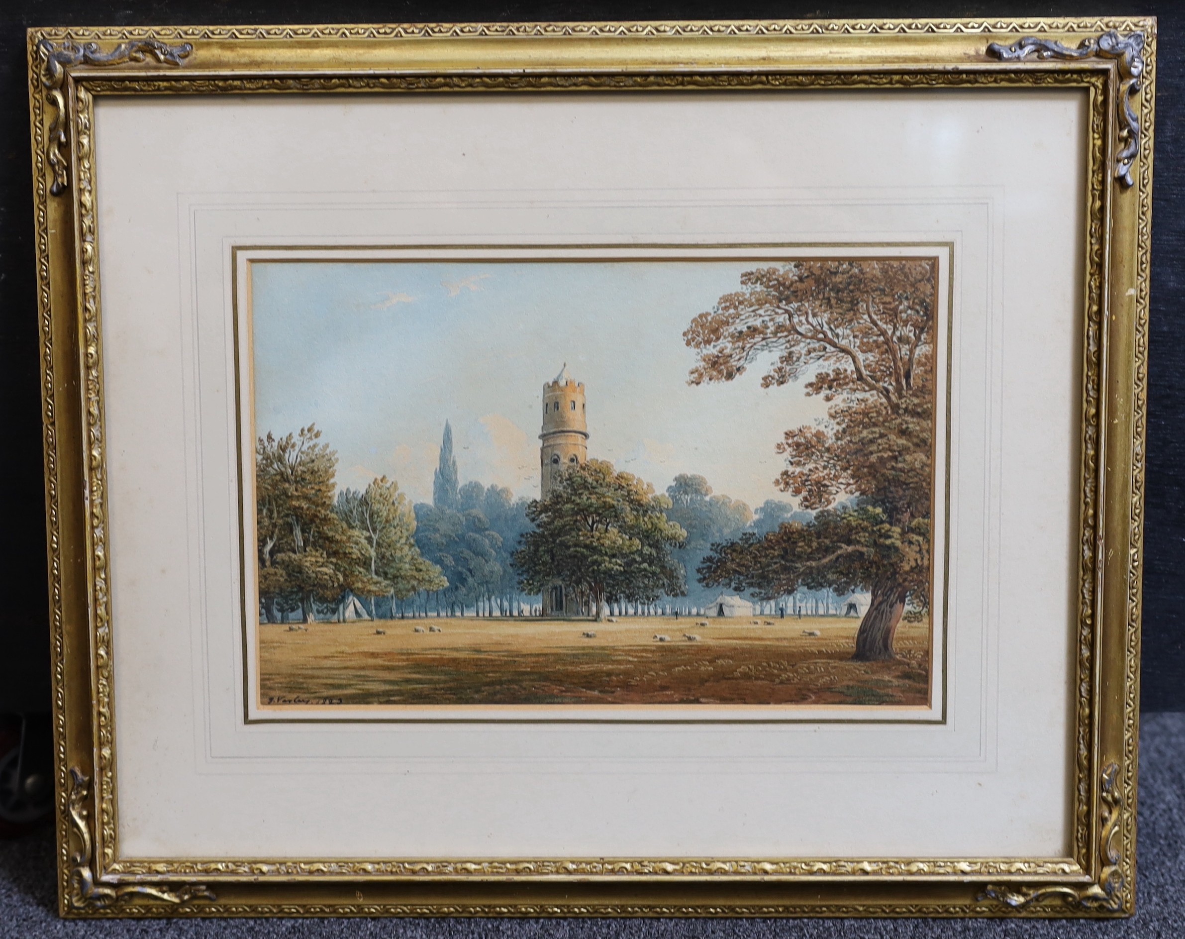 John Varley (1778-1842), The Tower in Berkhampstead Park, watercolour, 16 x 24.5cm